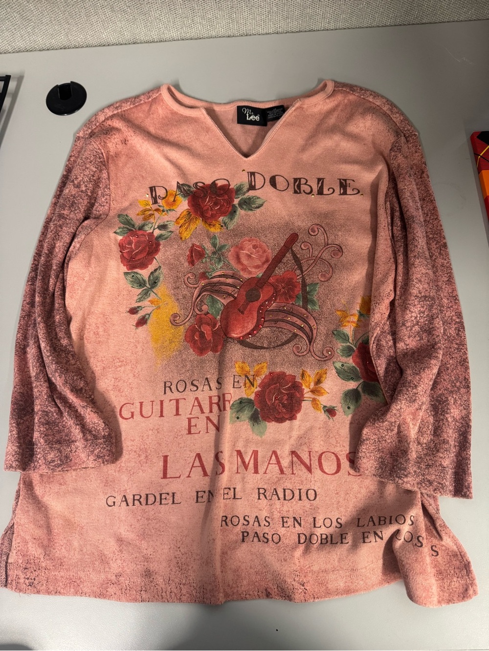 Vintage Ms Lee Graphic V Neck Pink Long Sleeve Sz M